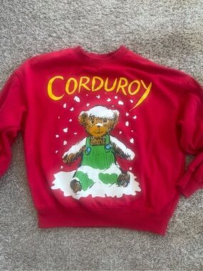 Nostalgic Vibes Ripple Junction Red Corduroy Bear Graphic Crewneck Sweater